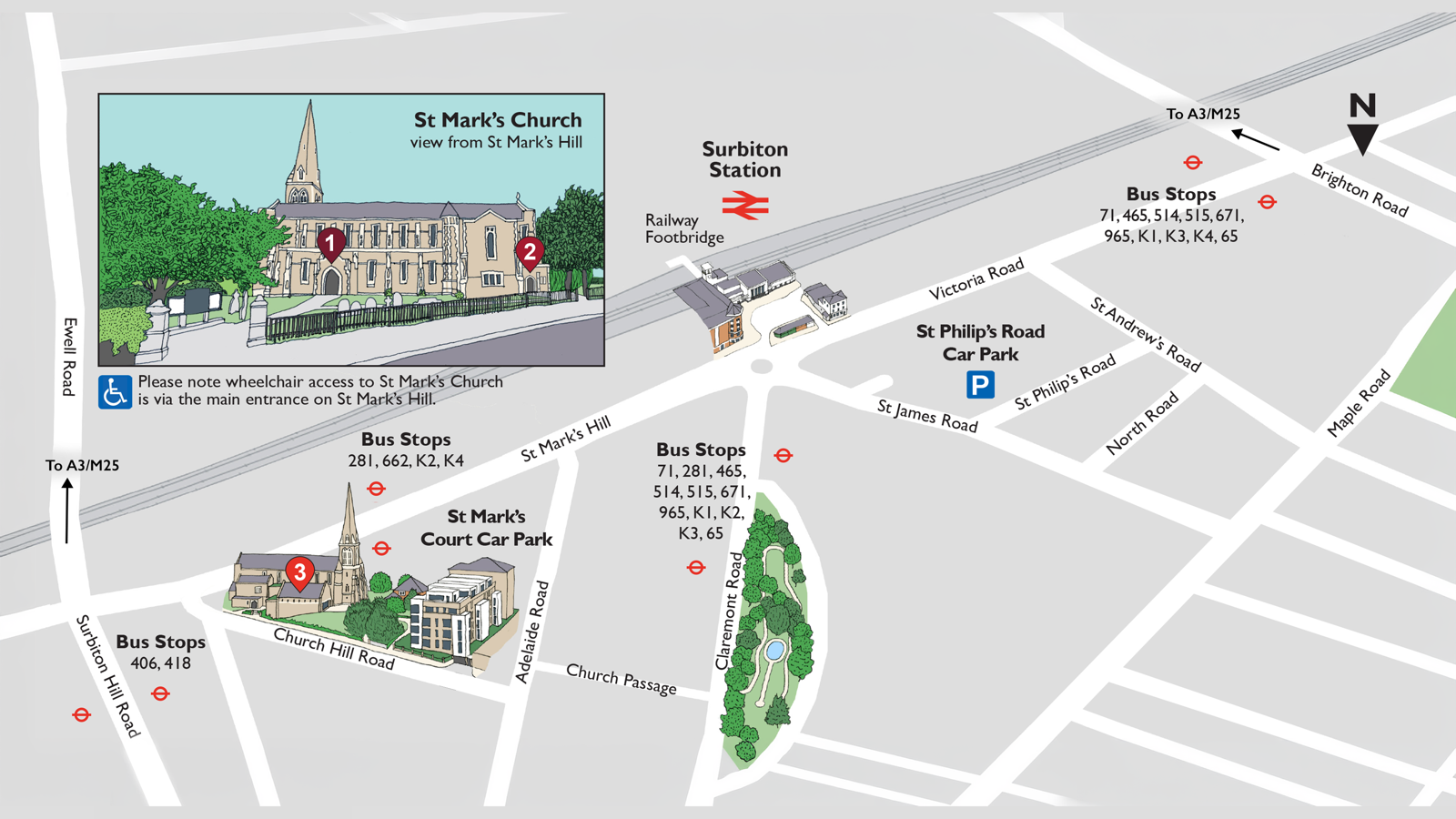 Illustrated map of St Marks Church, Surbiton, showing the church hall, car parks, Surbiton station and nearby bus stops